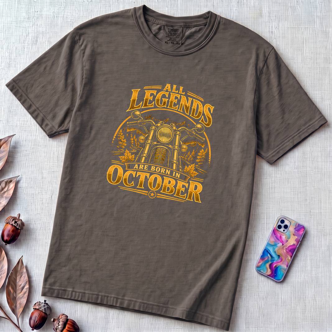 All Legends Are Born In October Motorcycle T-Shirt - Graphite unfolded t-shirt mockup