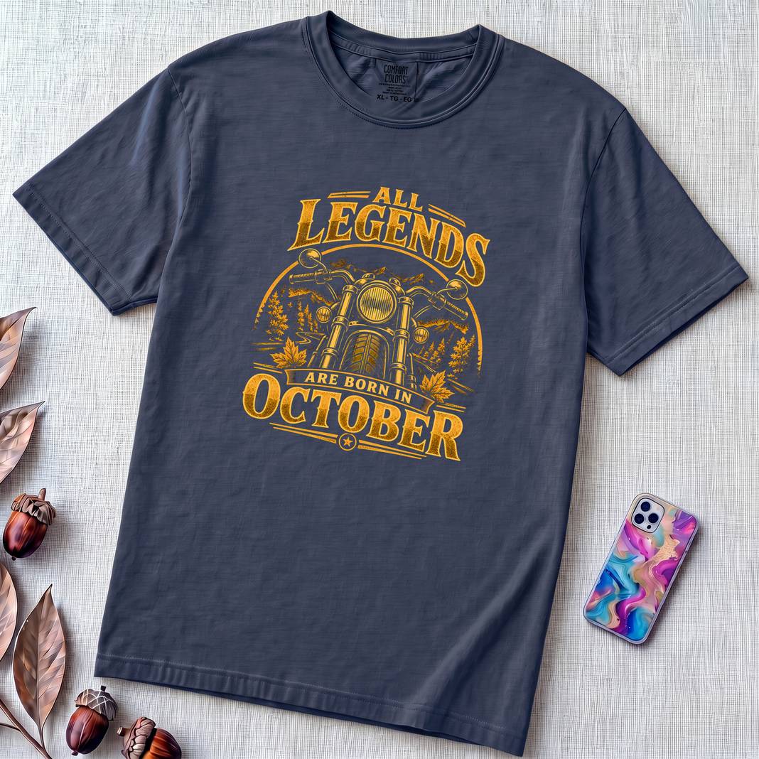 All Legends Are Born In October Motorcycle T-Shirt - True Navy unfolded t-shirt mockup