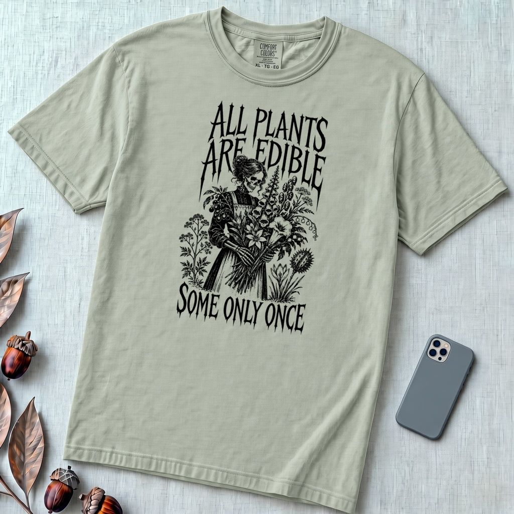 All Plants Are Edible Botanical T-Shirt - Bay unfolded t-shirt mockup