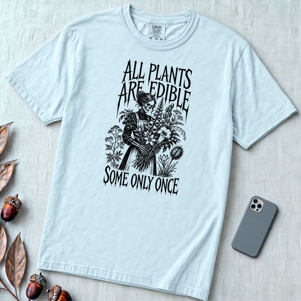 All Plants Are Edible Botanical T-Shirt - Chambray unfolded t-shirt mockup