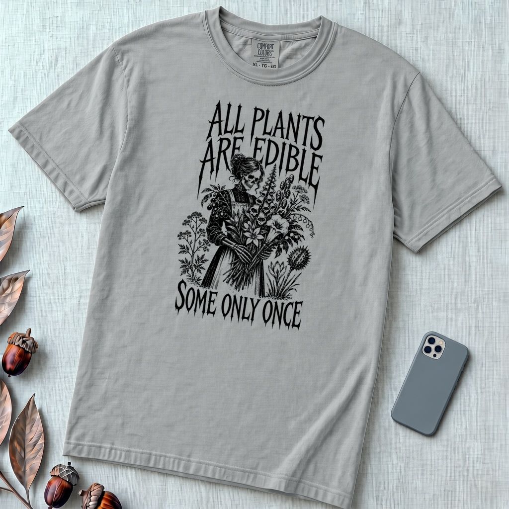 All Plants Are Edible Botanical T-Shirt - Granite unfolded t-shirt mockup