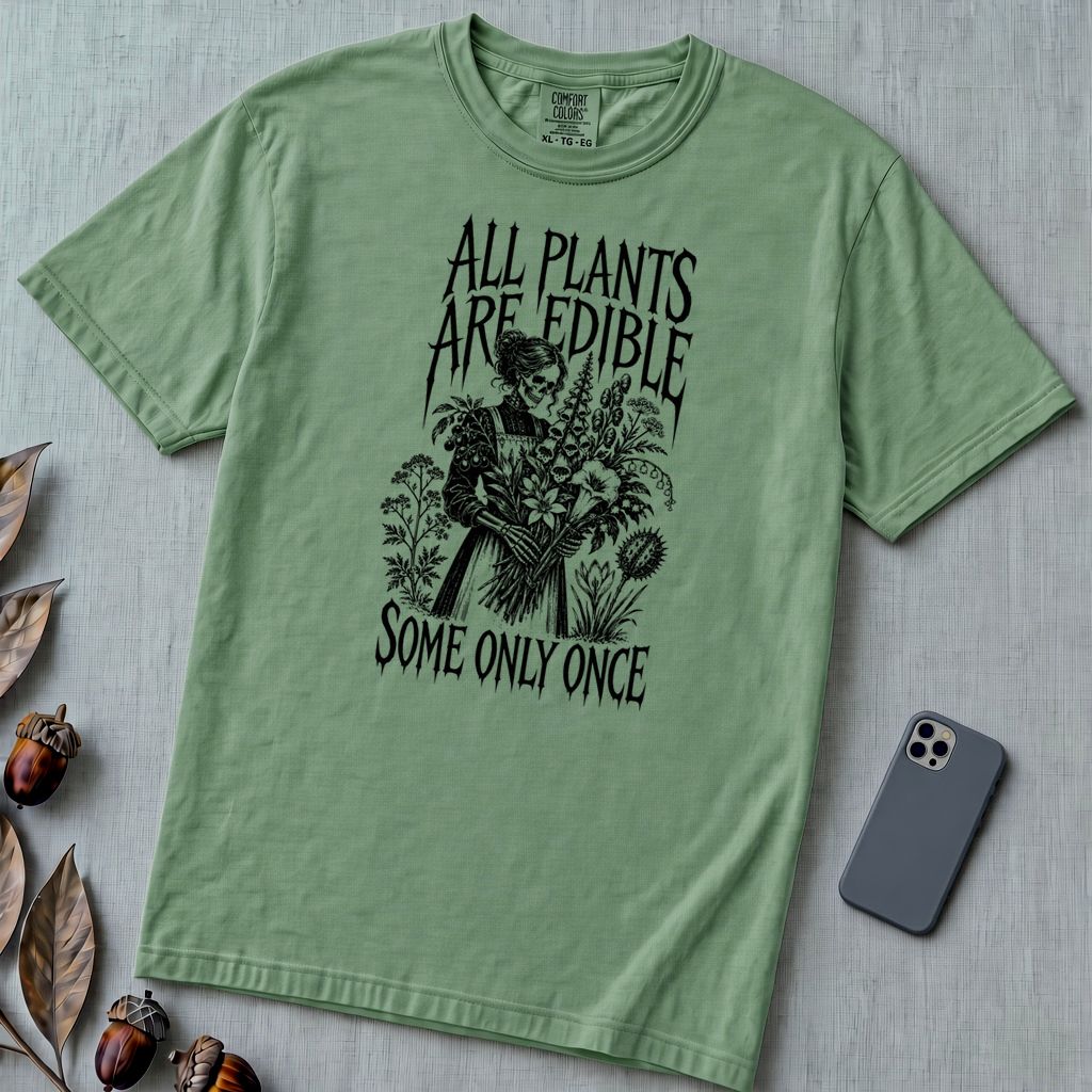 All Plants Are Edible Botanical T-Shirt - Light Green unfolded t-shirt mockup