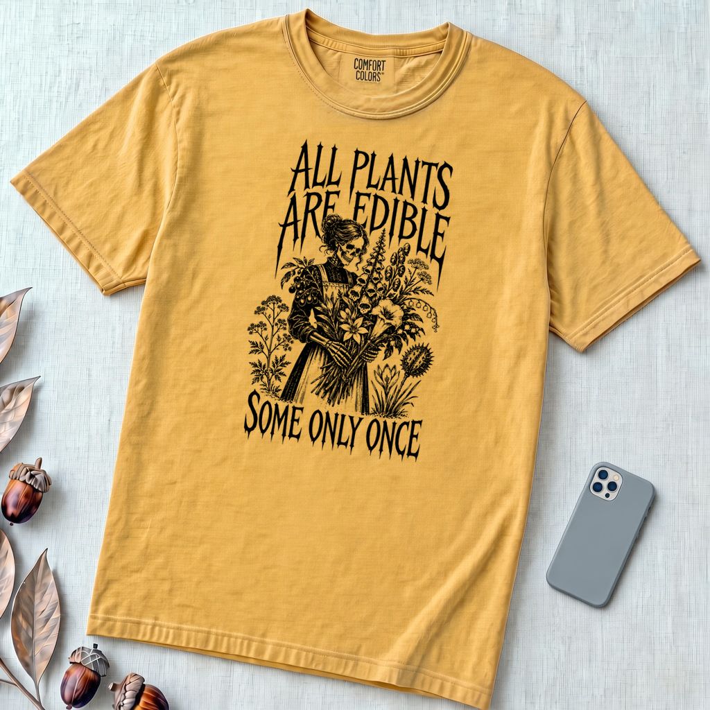All Plants Are Edible Botanical T-Shirt - Mustard unfolded t-shirt mockup