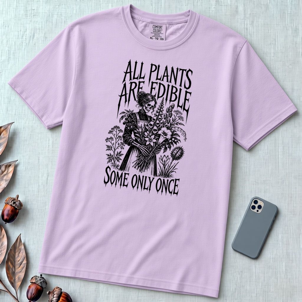 All Plants Are Edible Botanical T-Shirt - Orchid unfolded t-shirt mockup