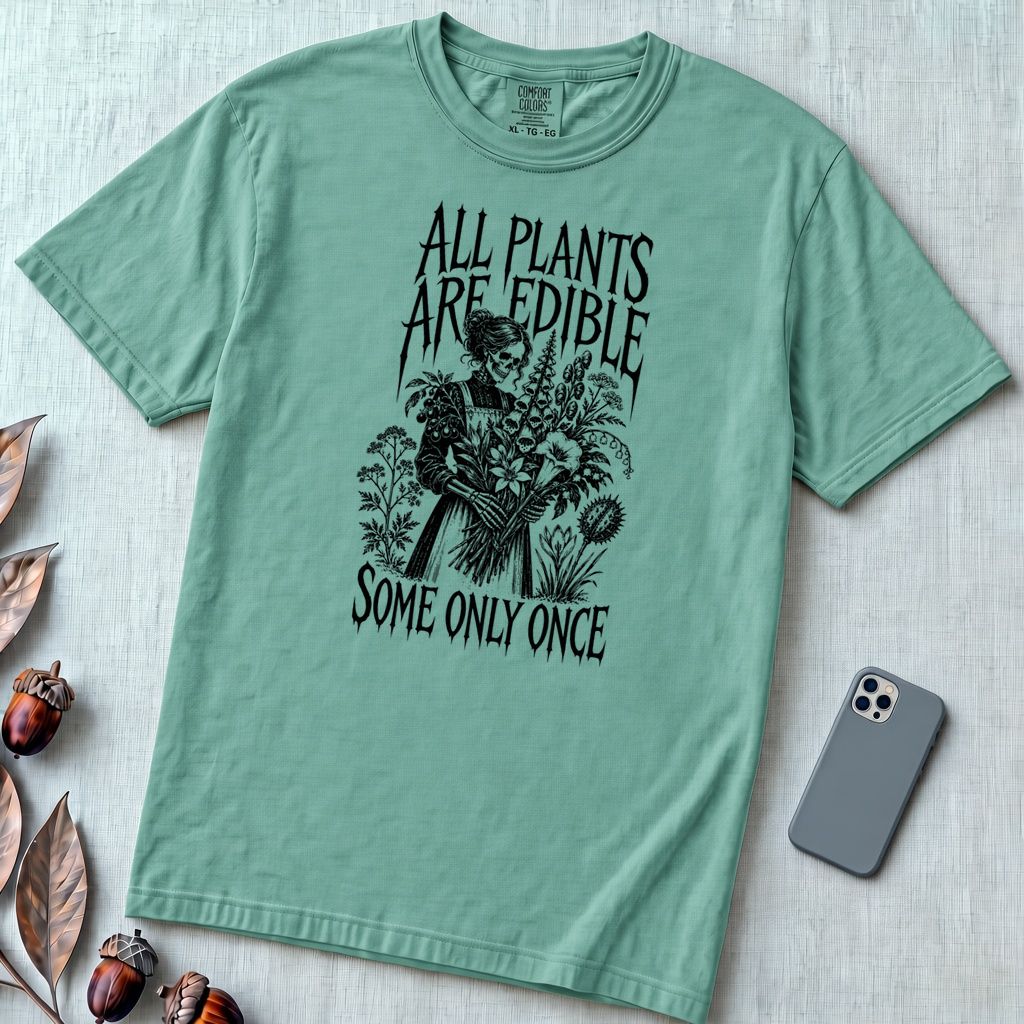 All Plants Are Edible Botanical T-Shirt - Seafoam unfolded t-shirt mockup