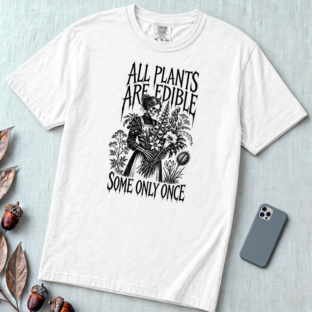 All Plants Are Edible Botanical T-Shirt - White unfolded t-shirt mockup