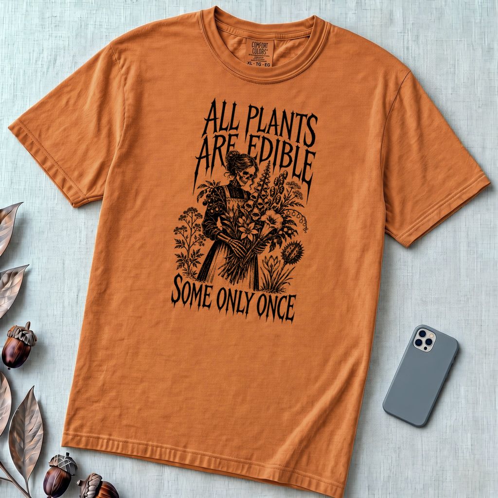 All Plants Are Edible Botanical T-Shirt - Yam unfolded t-shirt mockup