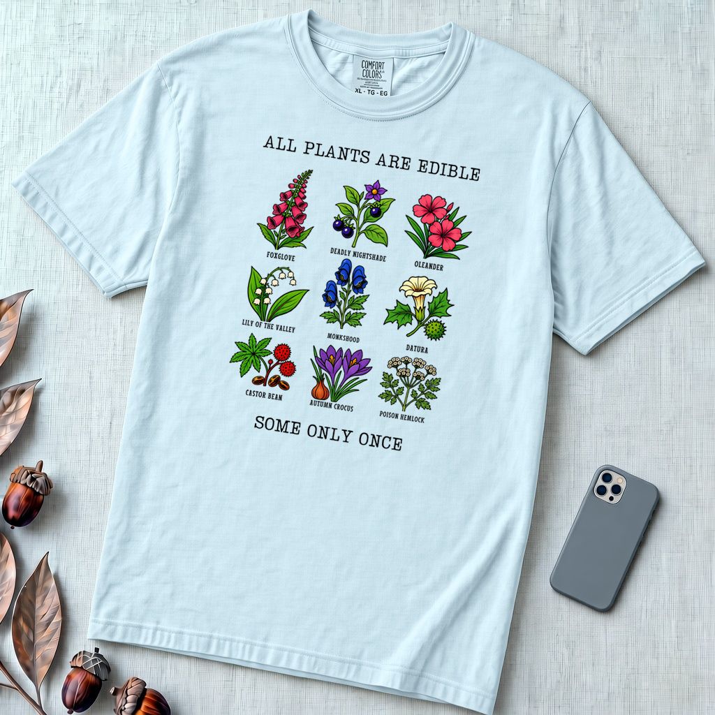 All Plants Are Edible Some Only Once Botanical Chart T-Shirt - Chambray unfolded t-shirt mockup