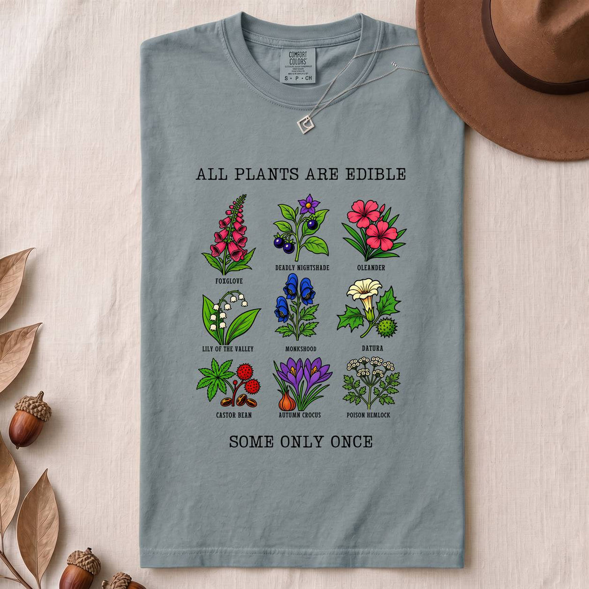 All Plants Are Edible Some Only Once Botanical Chart T-Shirt - Ice Blue folded t-shirt mockup