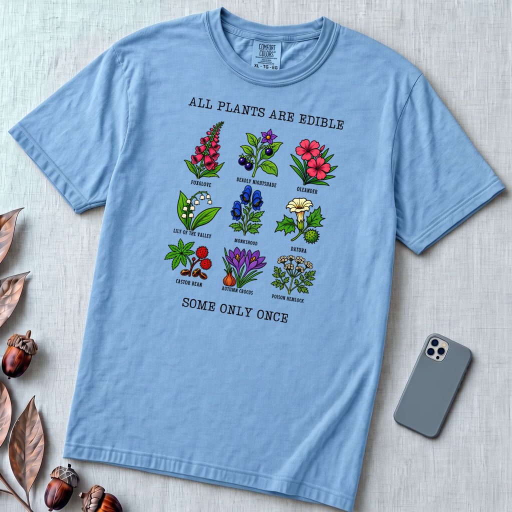 All Plants Are Edible Some Only Once Botanical Chart T-Shirt - Ice Blue unfolded t-shirt mockup