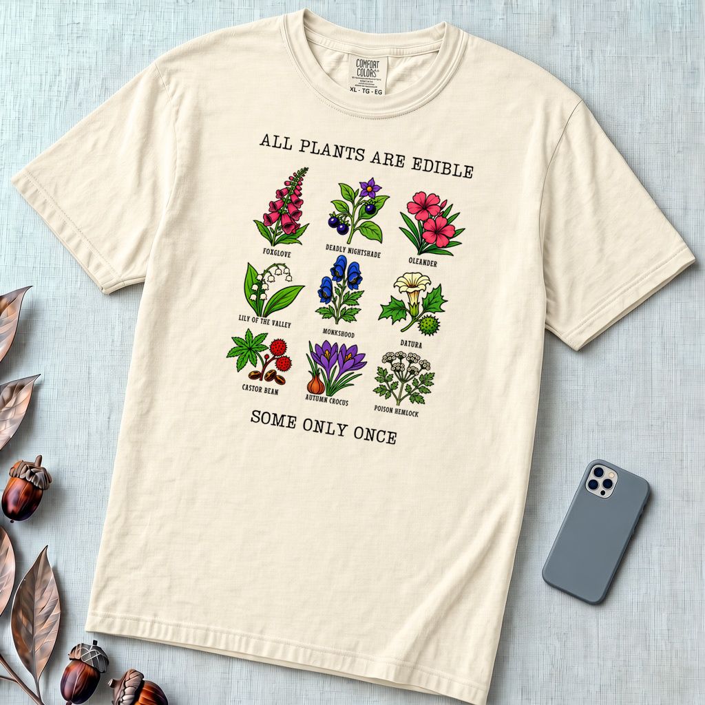 All Plants Are Edible Some Only Once Botanical Chart T-Shirt - Ivory unfolded t-shirt mockup