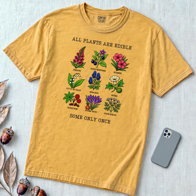 All Plants Are Edible Some Only Once Botanical Chart T-Shirt - Mustard unfolded t-shirt mockup