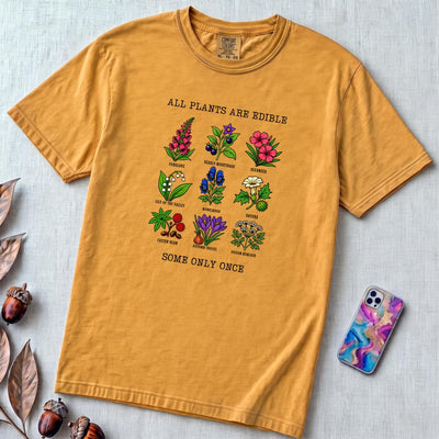 All Plants Are Edible Some Only Once Botanical Chart T-Shirt - Mustard unfolded t-shirt mockup