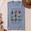 All Plants Are Edible Some Only Once Botanical Chart T-Shirt - Washed Denim folded t-shirt mockup