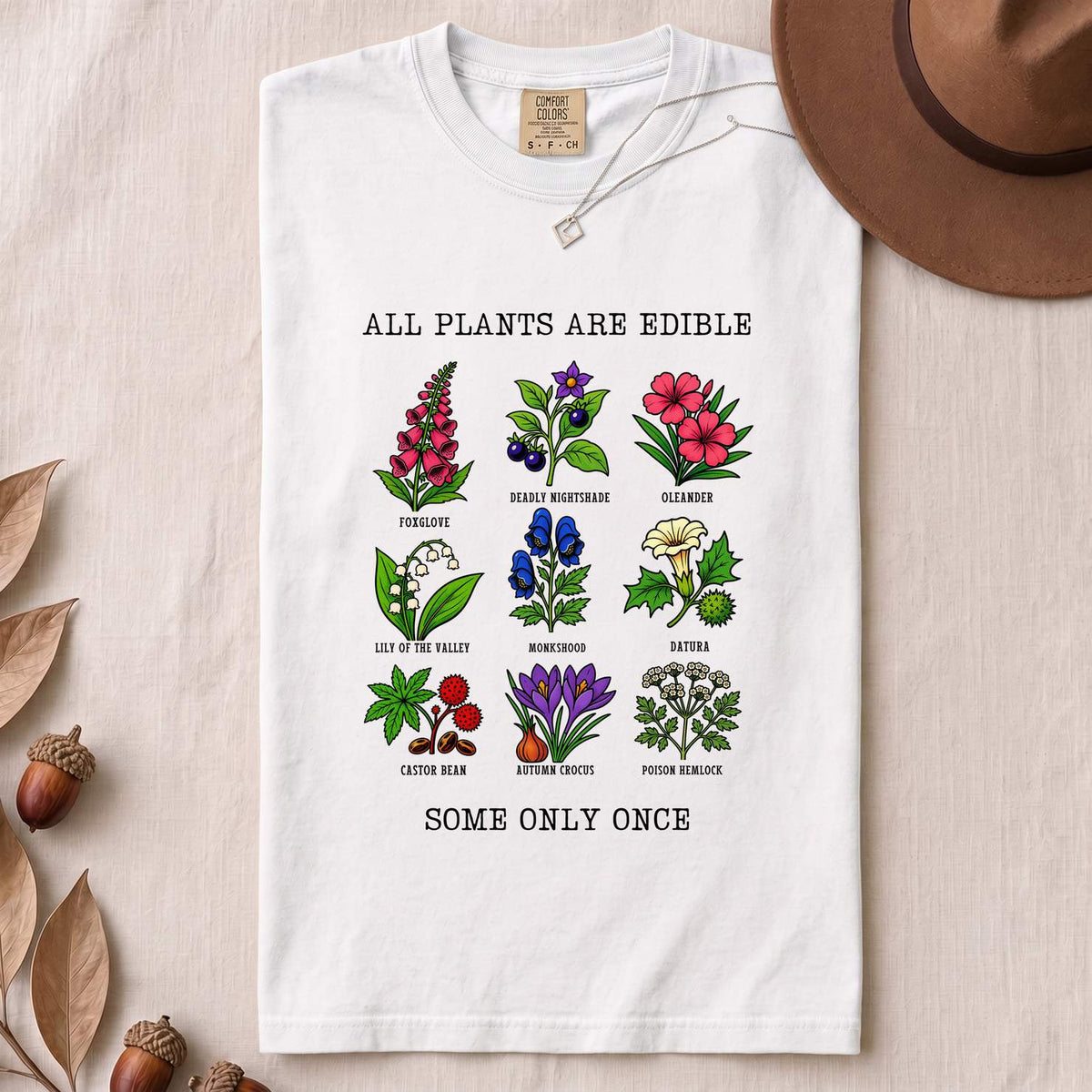 All Plants Are Edible Some Only Once Botanical Chart T-Shirt - White folded t-shirt mockup