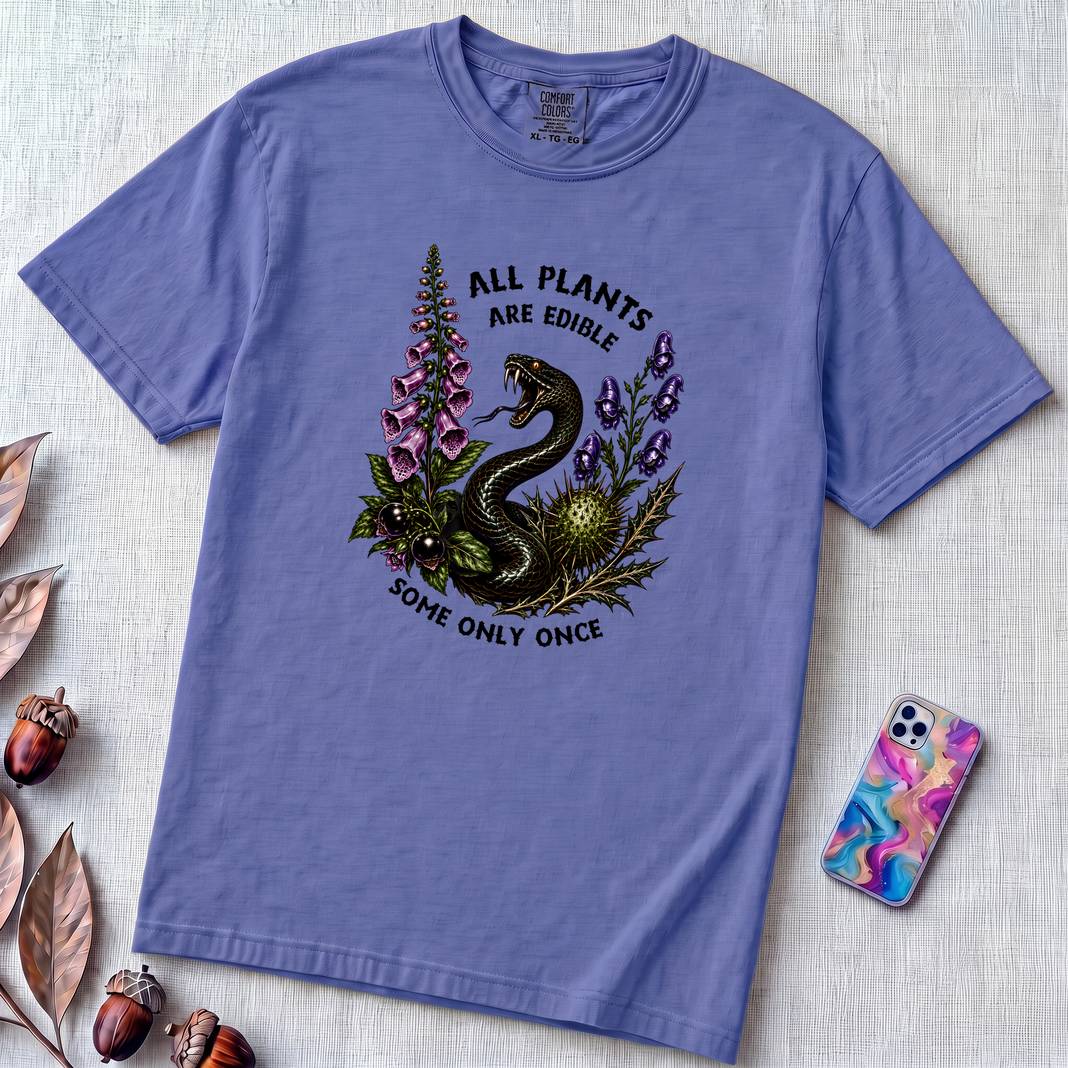 All Plants Are Edible Some Only Once Snake T-Shirt - Flo Blue unfolded t-shirt mockup