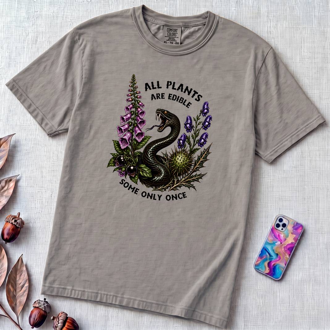 All Plants Are Edible Some Only Once Snake T-Shirt - Grey unfolded t-shirt mockup