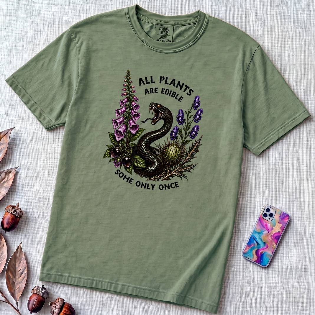 All Plants Are Edible Some Only Once Snake T-Shirt - Light Green unfolded t-shirt mockup