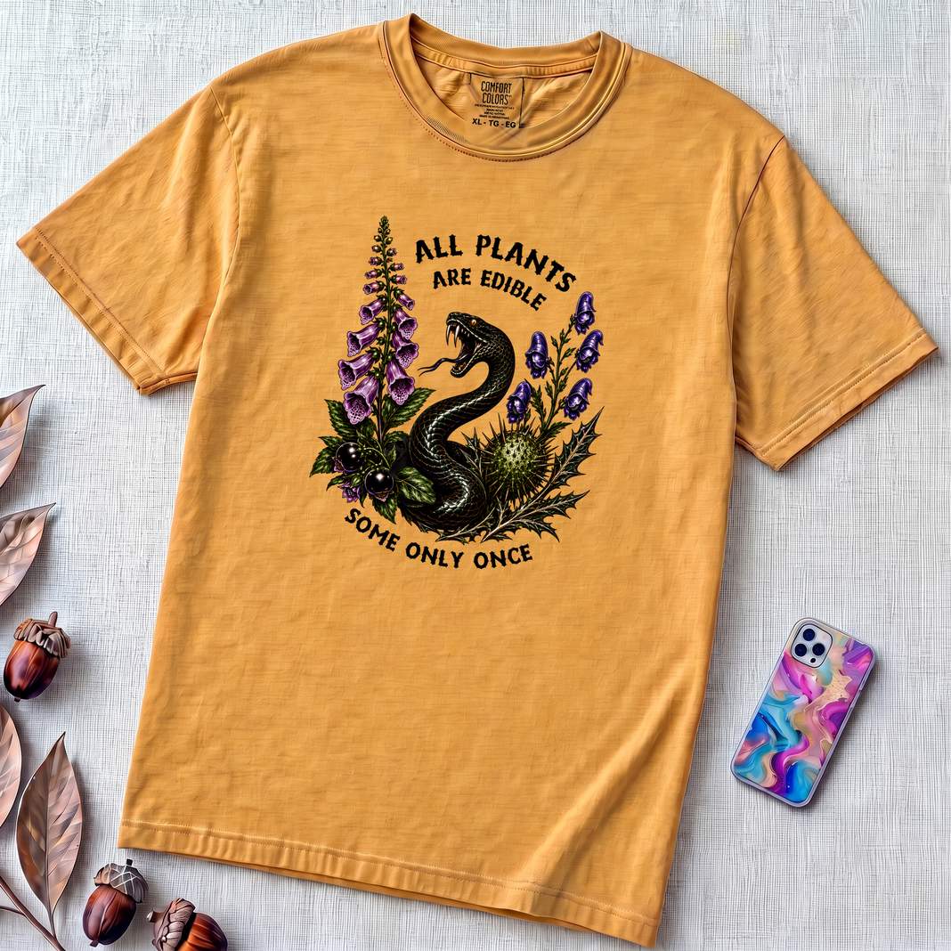All Plants Are Edible Some Only Once Snake T-Shirt - Mustard unfolded t-shirt mockup