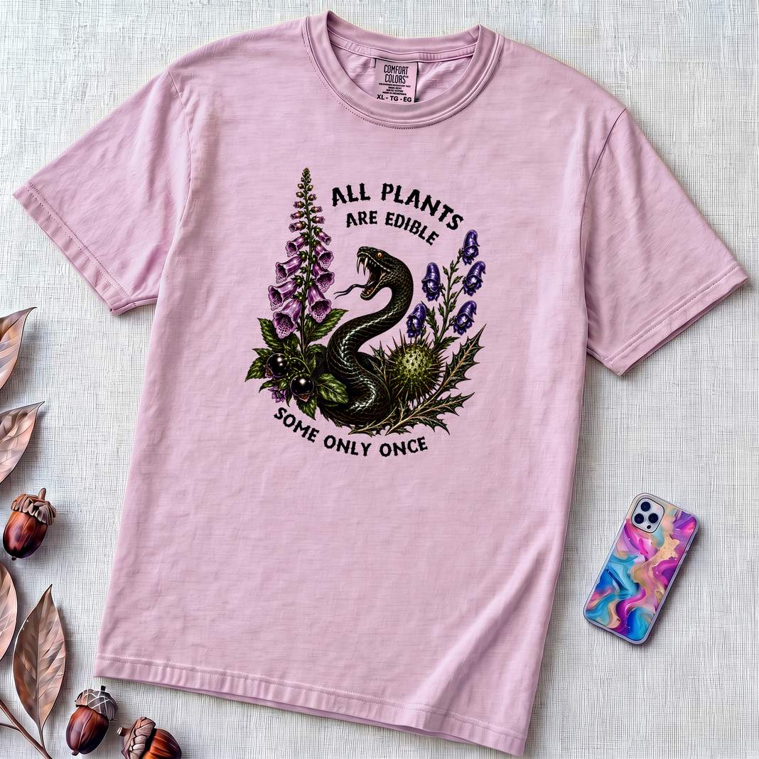 All Plants Are Edible Some Only Once Snake T-Shirt - Orchid unfolded t-shirt mockup