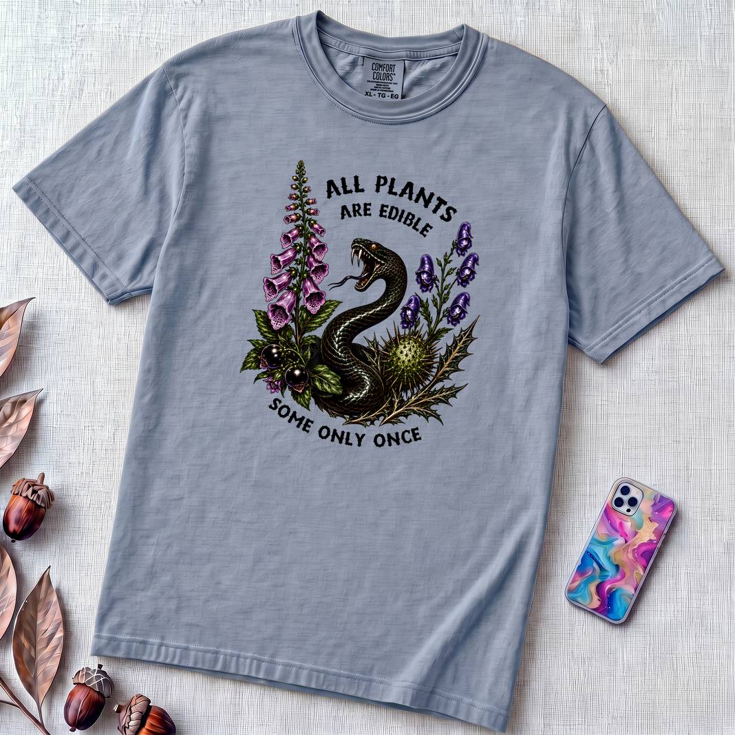 All Plants Are Edible Some Only Once Snake T-Shirt - Washed Denim unfolded t-shirt mockup