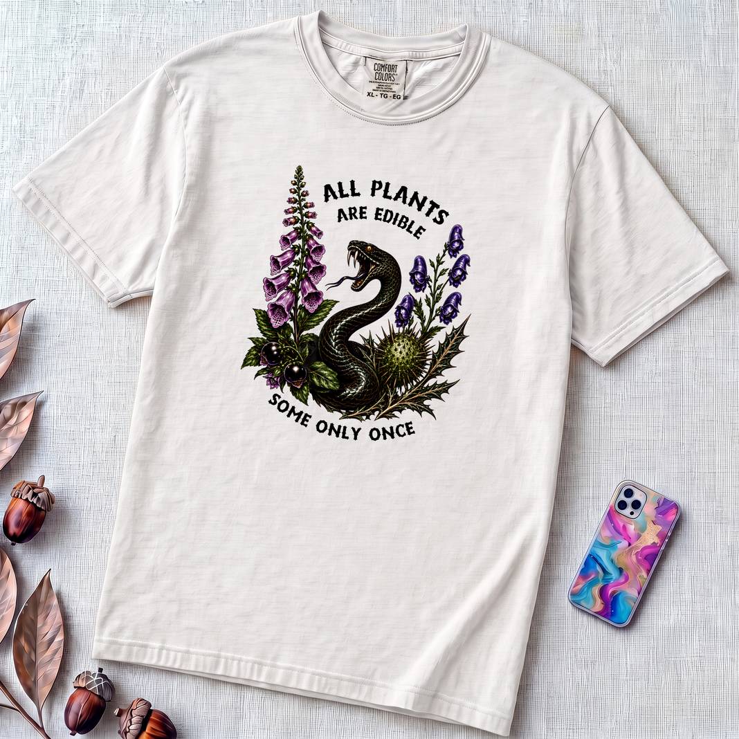 All Plants Are Edible Some Only Once Snake T-Shirt - White unfolded t-shirt mockup