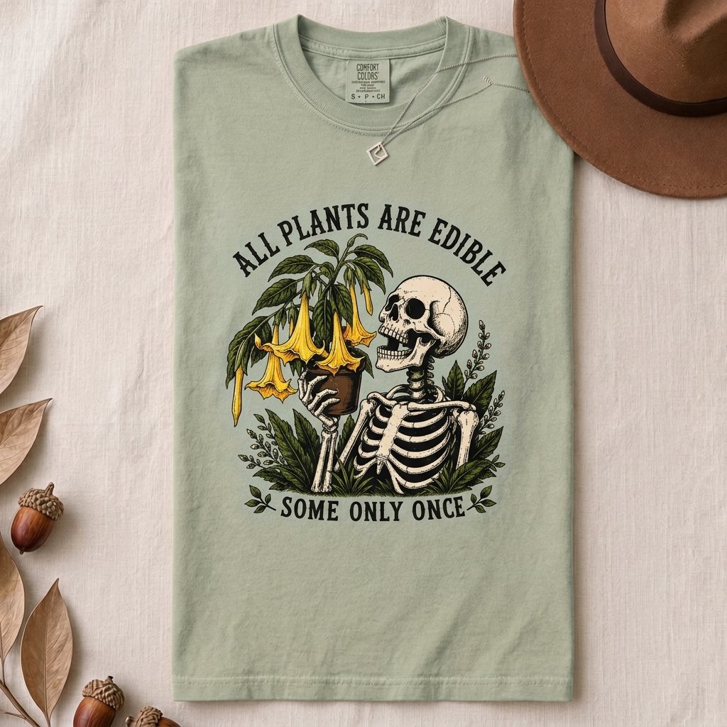 All Plants Are Edible Some Only Once T-Shirt - Bay folded t-shirt mockup