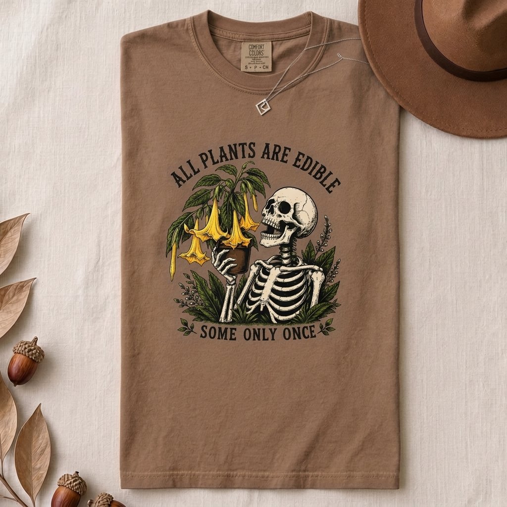 All Plants Are Edible Some Only Once T-Shirt - Espresso folded t-shirt mockup