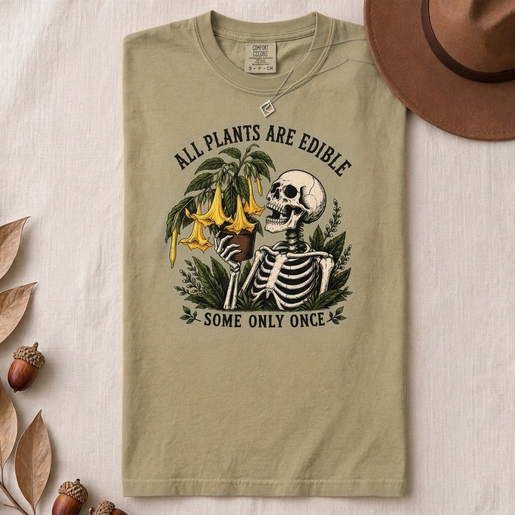 All Plants Are Edible Some Only Once T-Shirt - Khaki folded t-shirt mockup