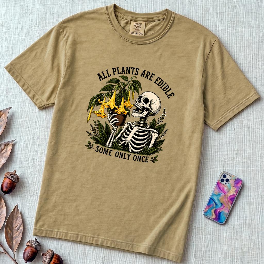 All Plants Are Edible Some Only Once T-Shirt - Khaki unfolded t-shirt mockup
