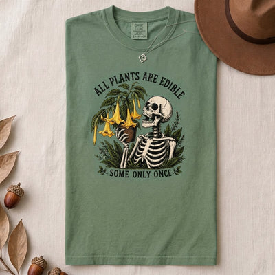 All Plants Are Edible Some Only Once T-Shirt - Light Green folded t-shirt mockup