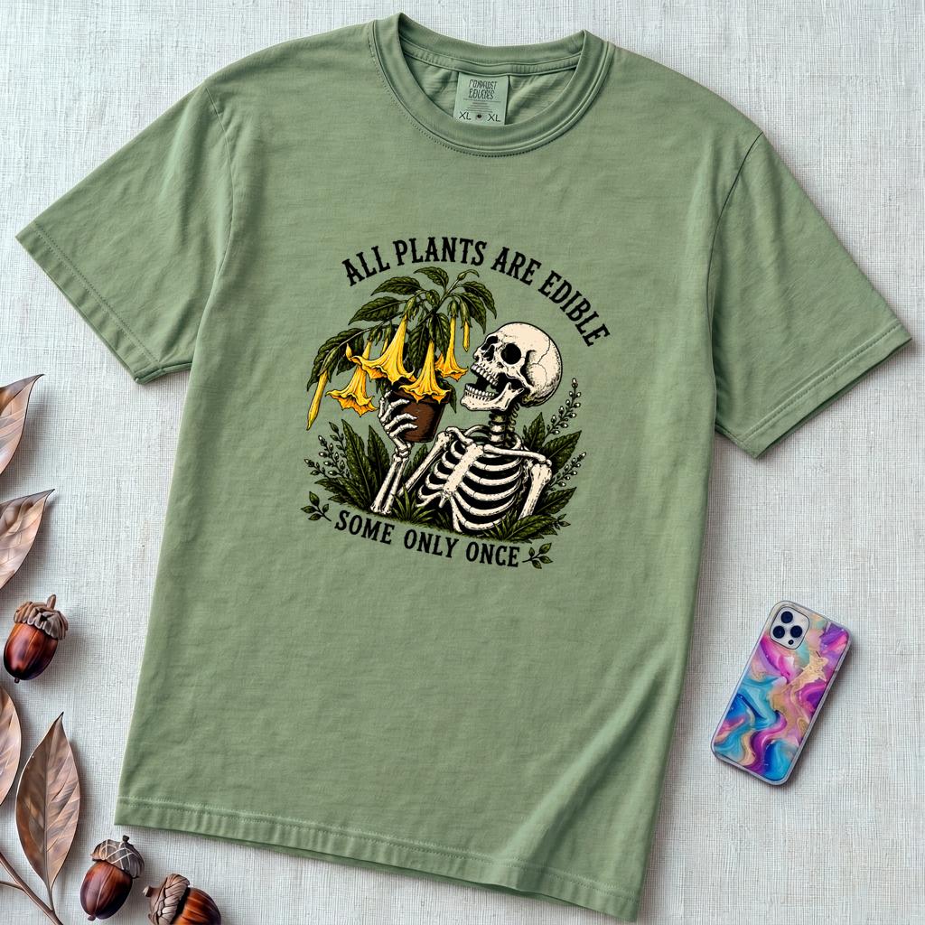 All Plants Are Edible Some Only Once T-Shirt - Light Green unfolded t-shirt mockup