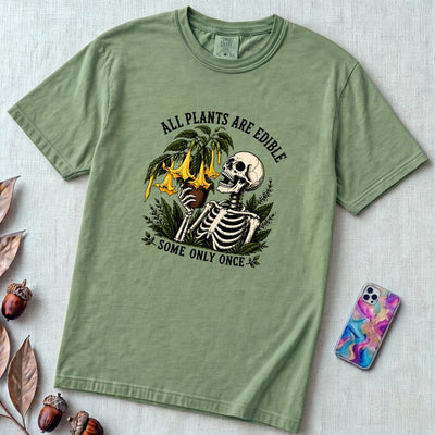 All Plants Are Edible Some Only Once T-Shirt - Light Green unfolded t-shirt mockup