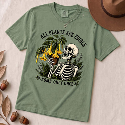 All Plants Are Edible Some Only Once T-Shirt - Light Green unfolded t-shirt mockup