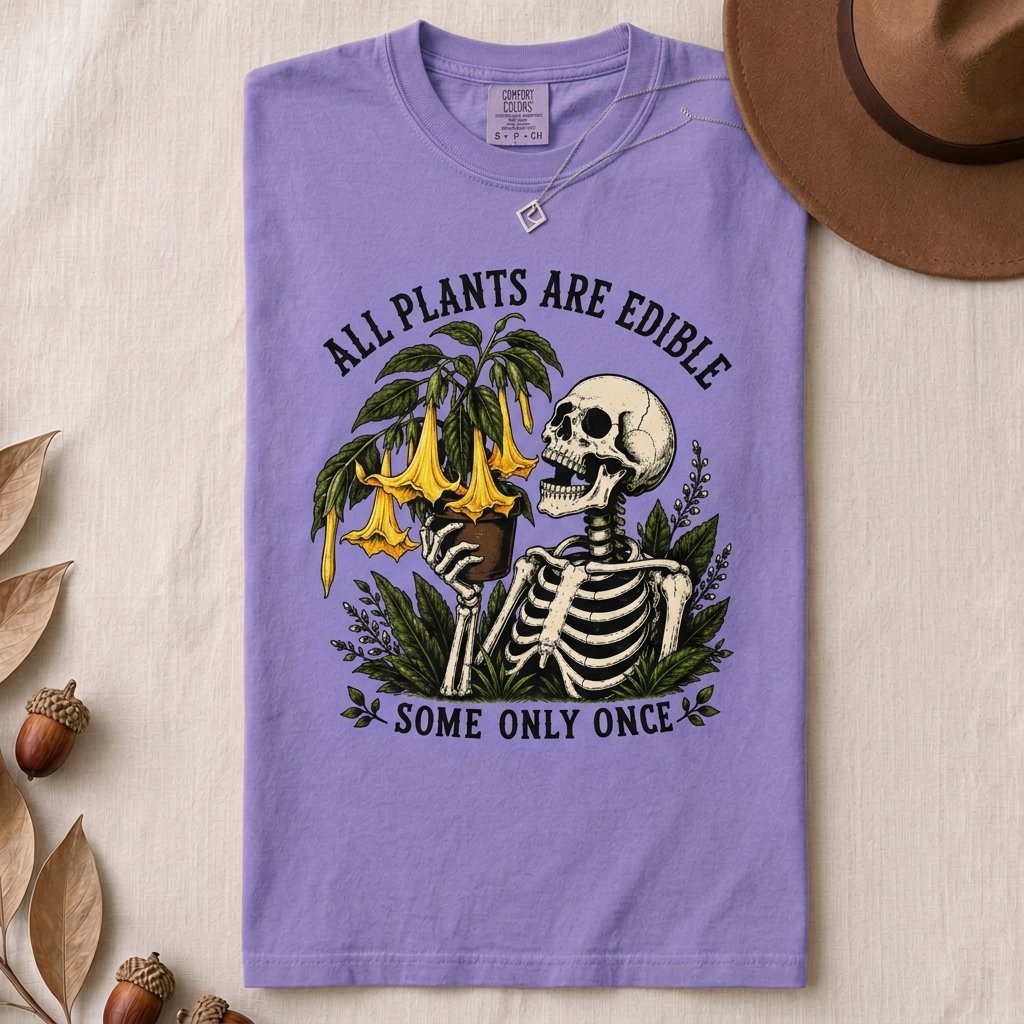 All Plants Are Edible Some Only Once T-Shirt - Violet folded t-shirt mockup
