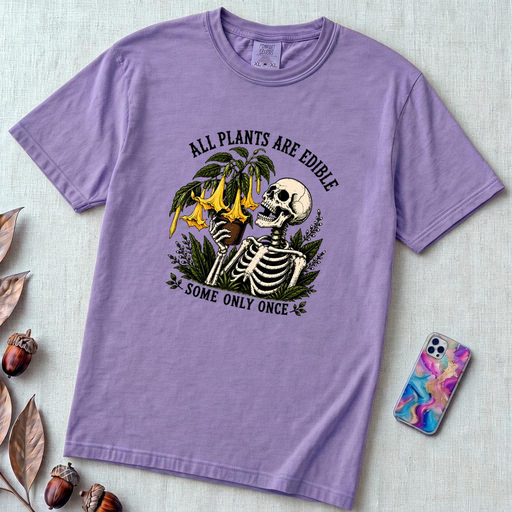 All Plants Are Edible Some Only Once T-Shirt - Violet unfolded t-shirt mockup