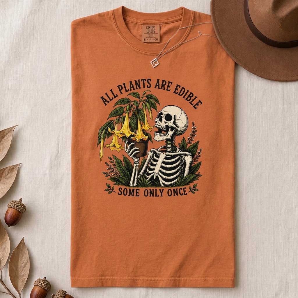 All Plants Are Edible Some Only Once T-Shirt - Yam folded t-shirt mockup