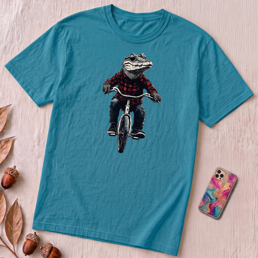 Alligator T-shirt, Crocodile on Bicycle Tee, Cool Croc on Bike - Aqua unfolded t-shirt mockup