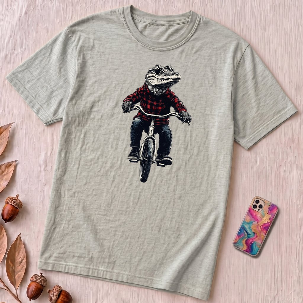 Alligator T-shirt, Crocodile on Bicycle Tee, Cool Croc on Bike - Ash unfolded t-shirt mockup