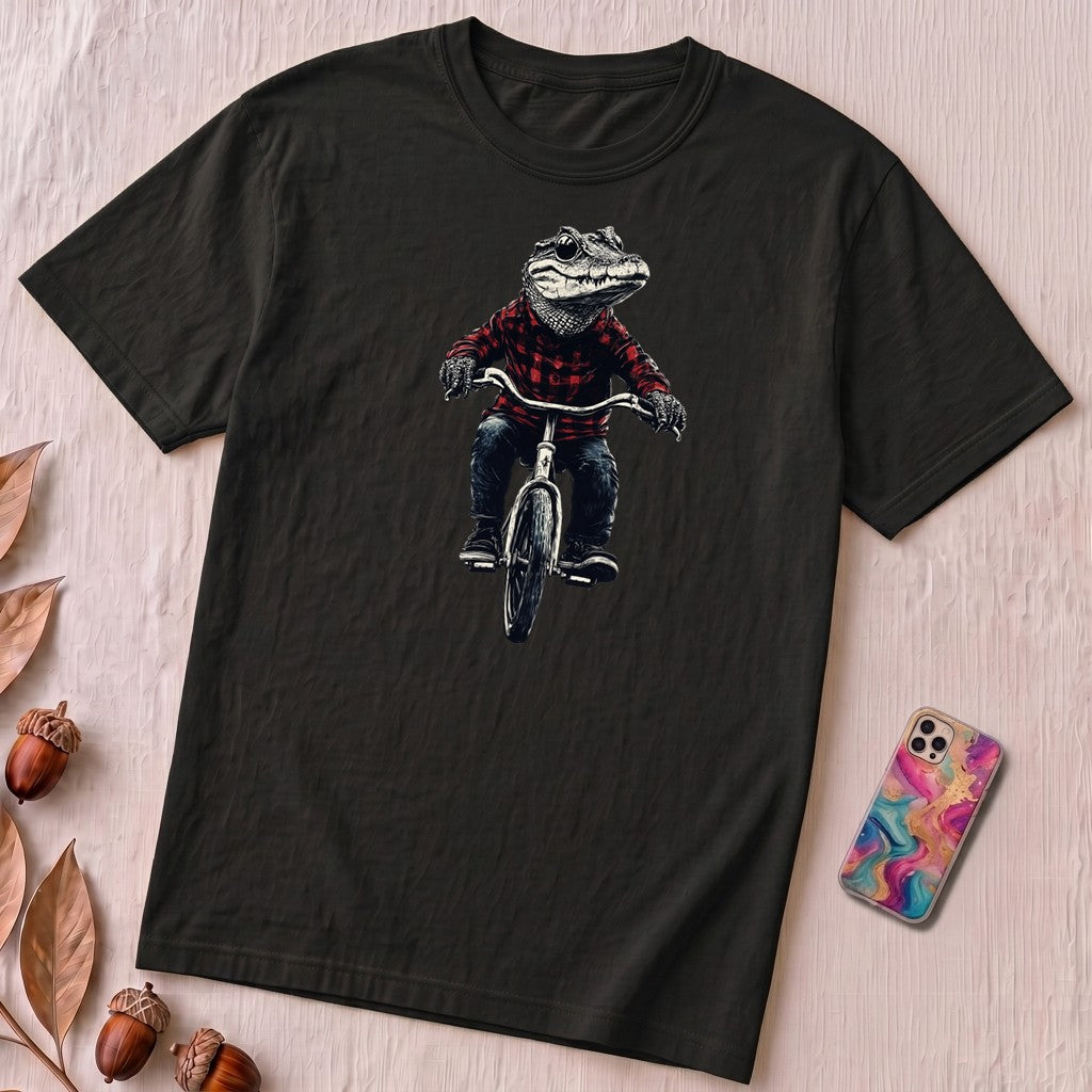 Alligator T-shirt, Crocodile on Bicycle Tee, Cool Croc on Bike - Black unfolded t-shirt mockup