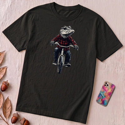 Alligator T-shirt, Crocodile on Bicycle Tee, Cool Croc on Bike - Black unfolded t-shirt mockup