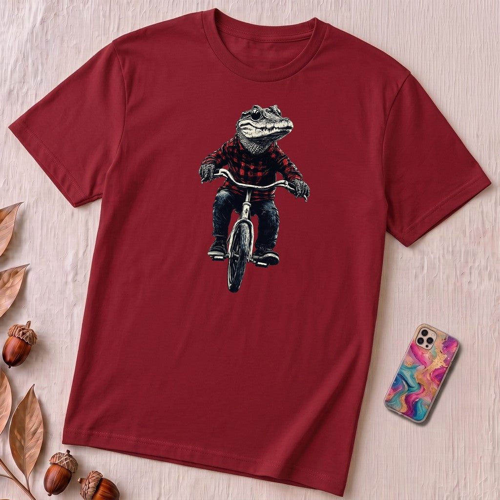 Alligator T-shirt, Crocodile on Bicycle Tee, Cool Croc on Bike - Cardinal unfolded t-shirt mockup