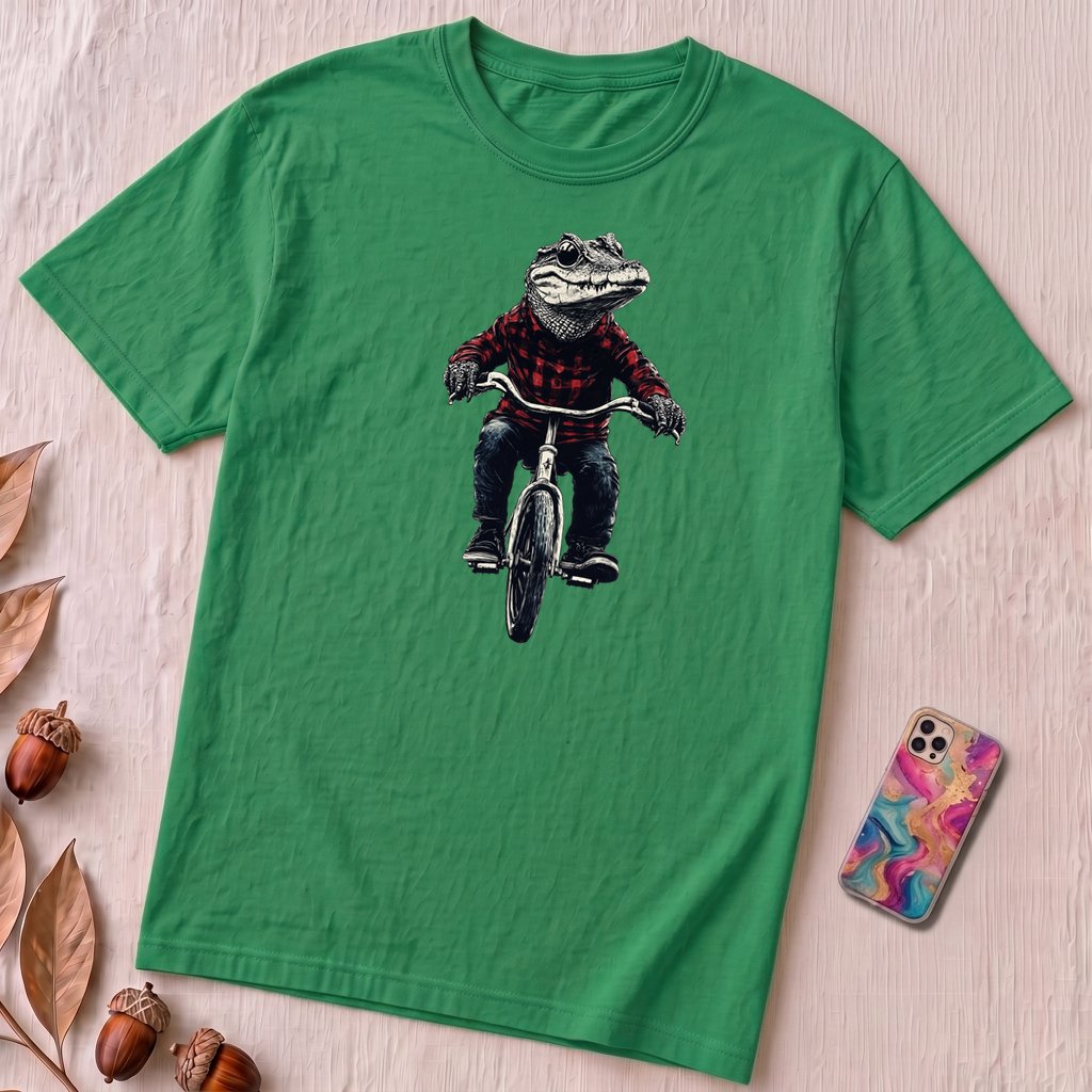 Alligator T-shirt, Crocodile on Bicycle Tee, Cool Croc on Bike - Kelly unfolded t-shirt mockup