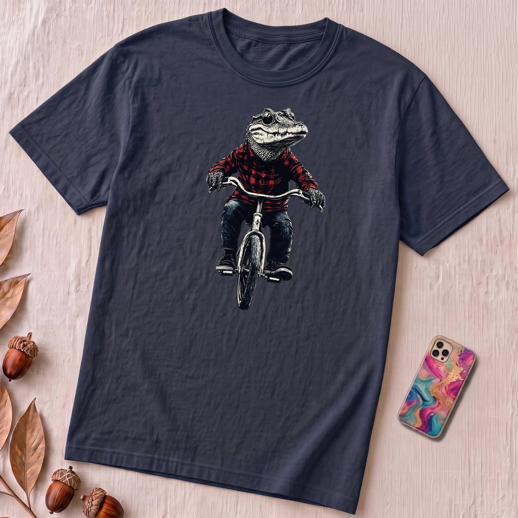 Alligator T-shirt, Crocodile on Bicycle Tee, Cool Croc on Bike - Navy unfolded t-shirt mockup