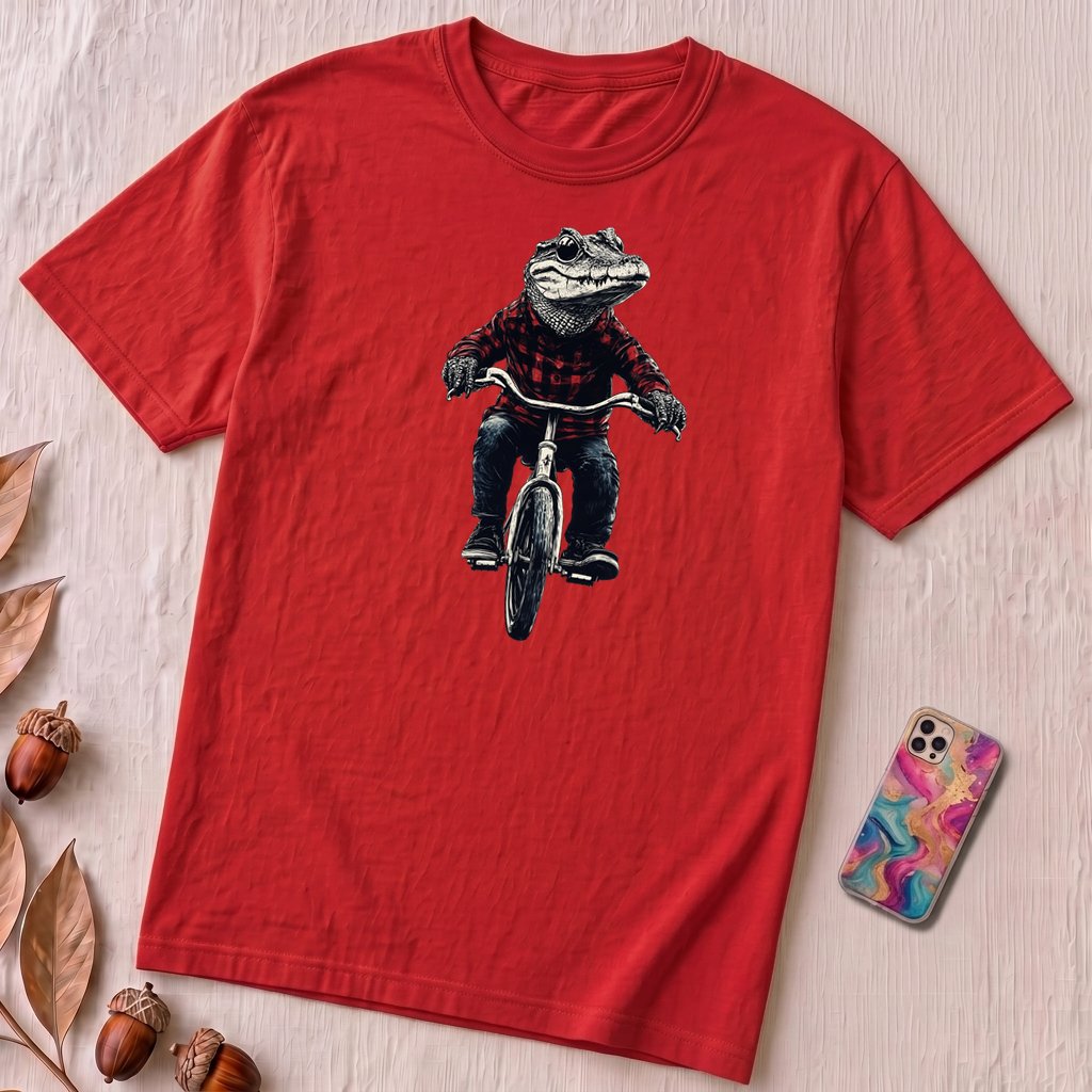 Alligator T-shirt, Crocodile on Bicycle Tee, Cool Croc on Bike - Red unfolded t-shirt mockup