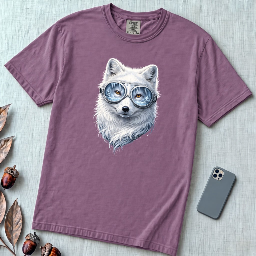 Arctic Fox With Winter Scene Goggles T-Shirt - Berry unfolded t-shirt mockup