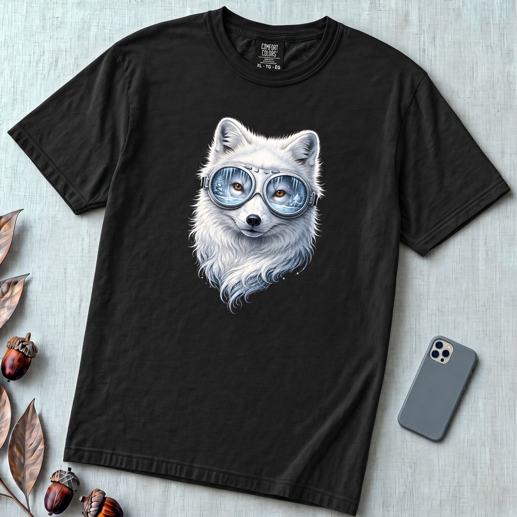 Arctic Fox With Winter Scene Goggles T-Shirt - Black unfolded t-shirt mockup