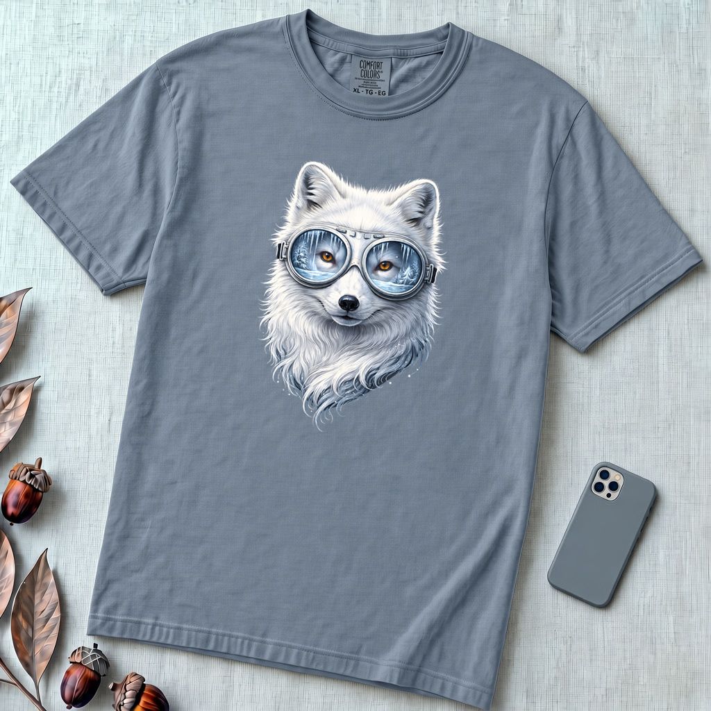 Arctic Fox With Winter Scene Goggles T-Shirt - Blue Jean unfolded t-shirt mockup