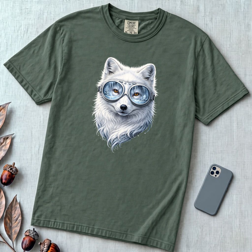 Arctic Fox With Winter Scene Goggles T-Shirt - Blue Spruce unfolded t-shirt mockup