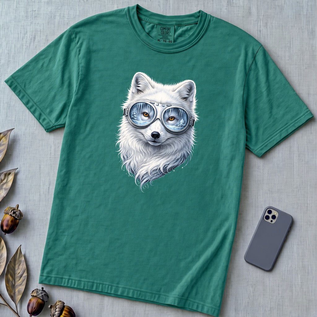Arctic Fox With Winter Scene Goggles T-Shirt - Emerald unfolded t-shirt mockup